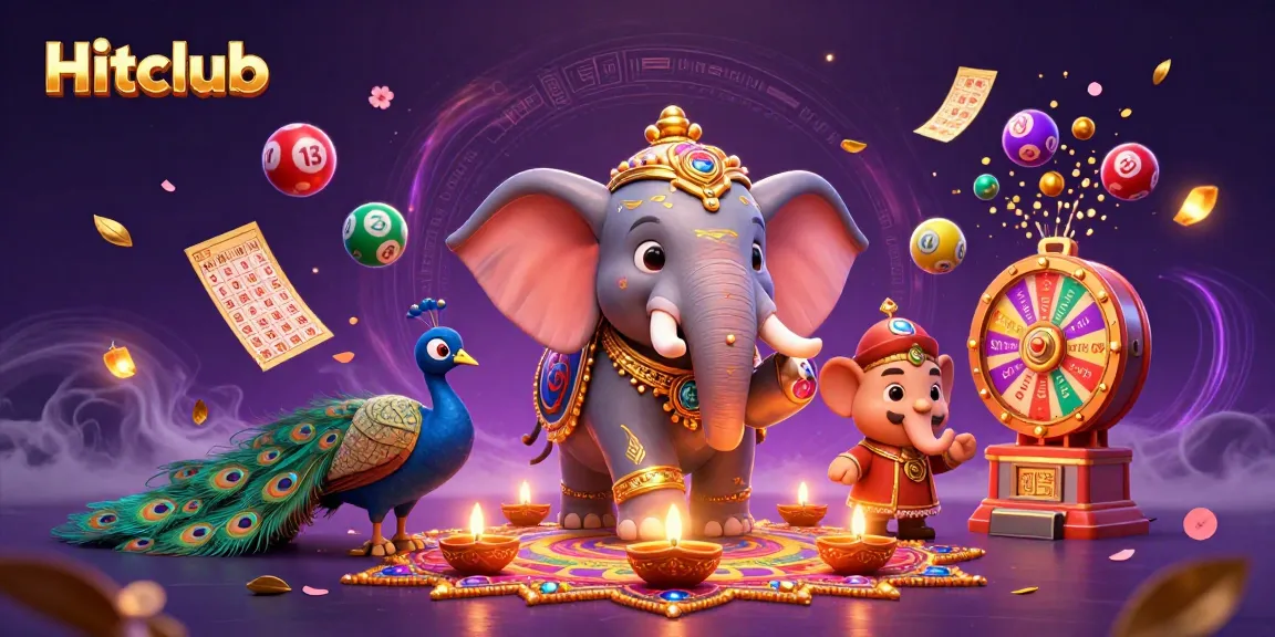 Engage with Hitclub through colorful lottery elements amidst festive characters and vibrant casino excitement.