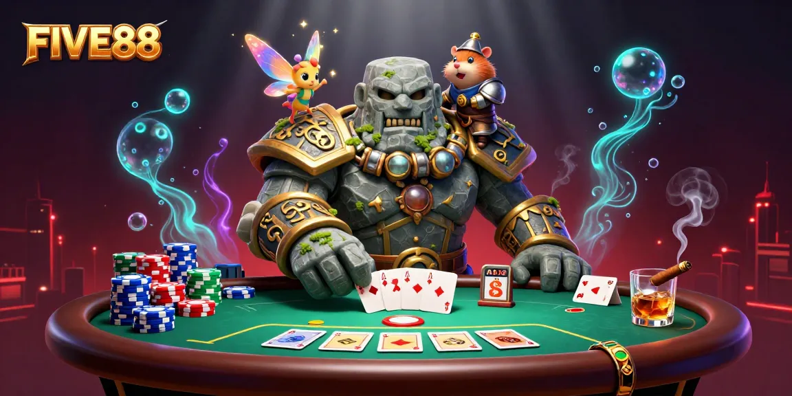 Join the excitement at FIVE88's lively poker scene with a magical golem and charming companions!