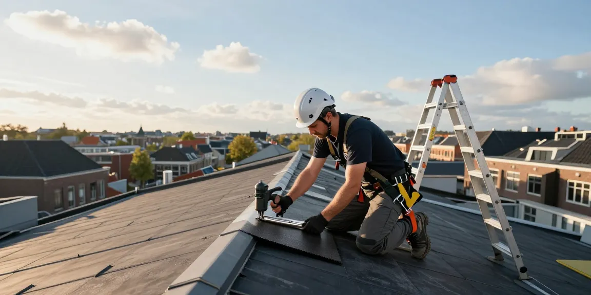 Skilled dakdekker den haag applying roofing material in a professional rooftop setting.