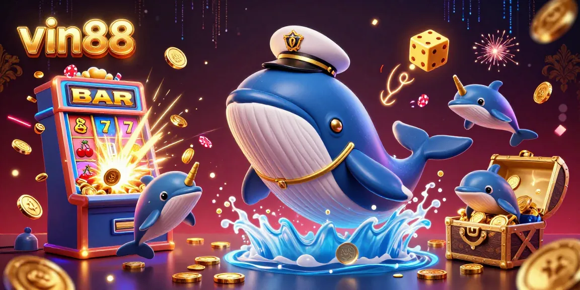 Experience the excitement of vin88 with a vibrant casino scene featuring a whale, dolphins, and jackpots.
