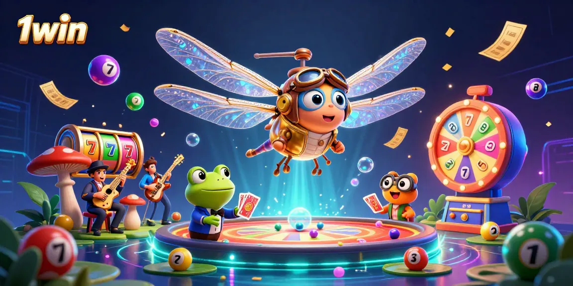 Engage with 1win's vibrant casino atmosphere featuring a dragonfly pilot, frog croupier, and jazz musicians.