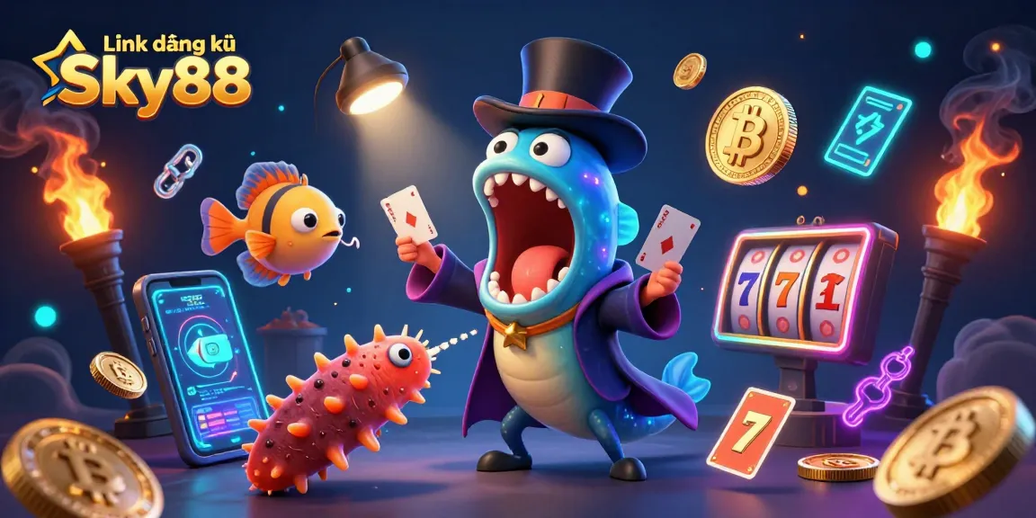 Engage in the thrilling Link đăng ký Sky88 experience with our vibrant casino-themed illustration.