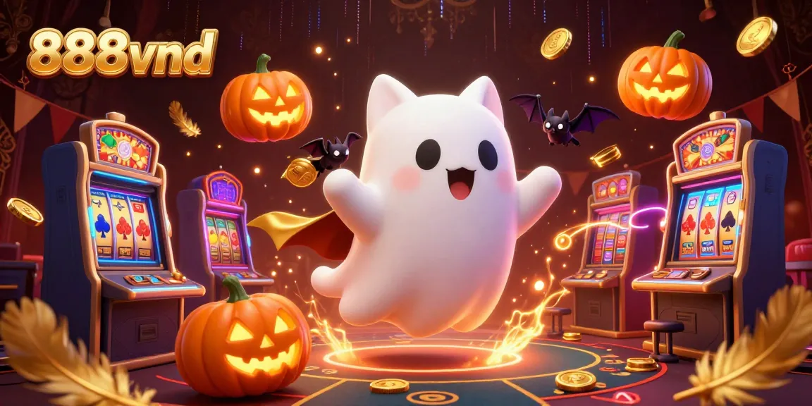 Experience thrilling action at 888vnd with a ghost cat and vampire bat in a vibrant casino atmosphere.