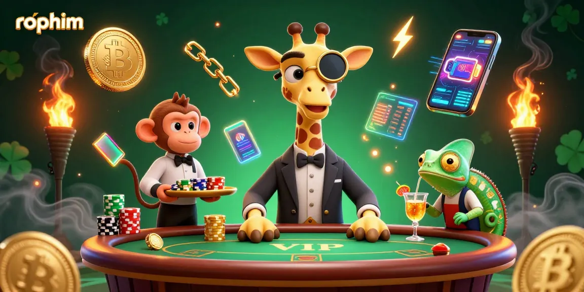 Bet on rophim with vivid 3D depiction of giraffe in a suit at a casino with cryptocurrency elements.
