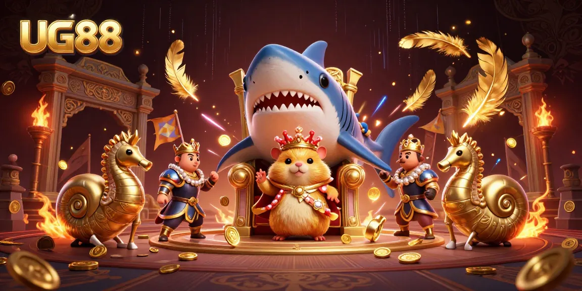 Engage in thrilling games at UG88 with an energetic visual of a golden hamster king and his royal seahorse guards.