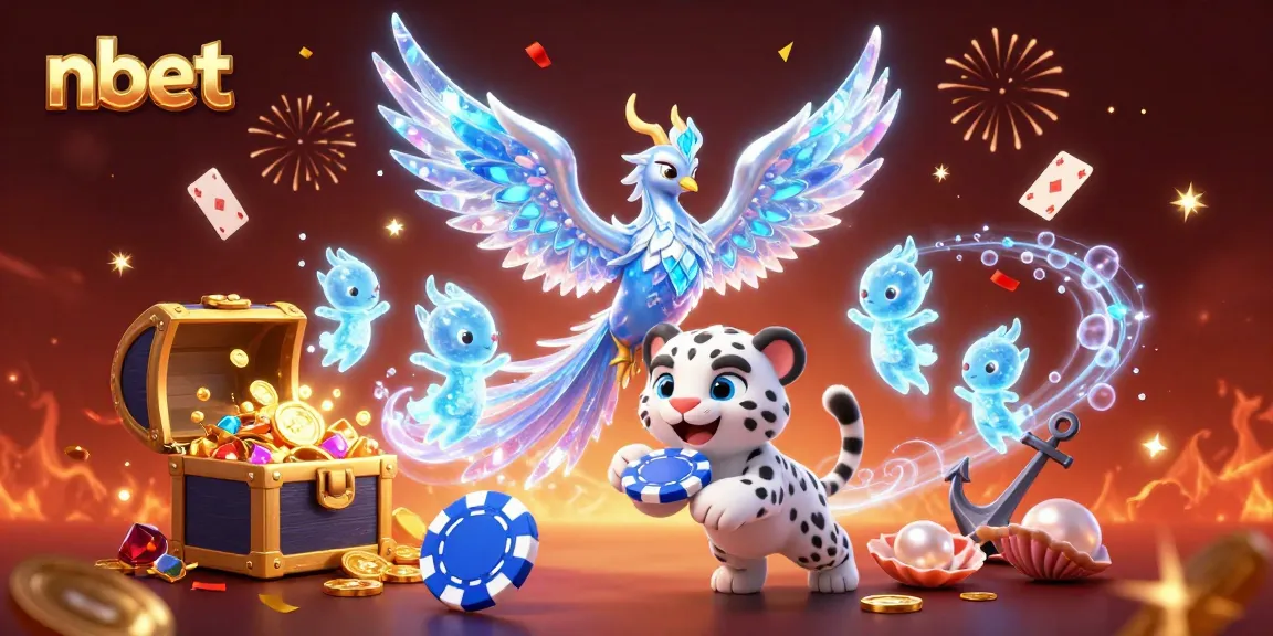 Play with nbet's engaging games featuring a vibrant scene with an ice phoenix and playful characters.