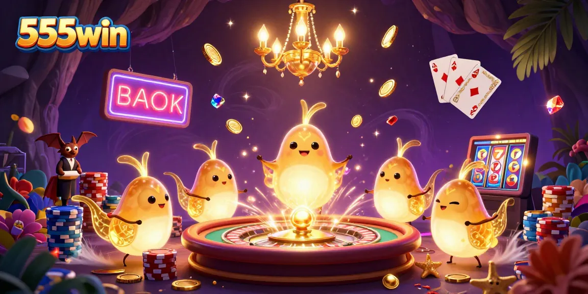 Experience the excitement of 555win in a vibrant casino scene with glowworms and sparkling coins.
