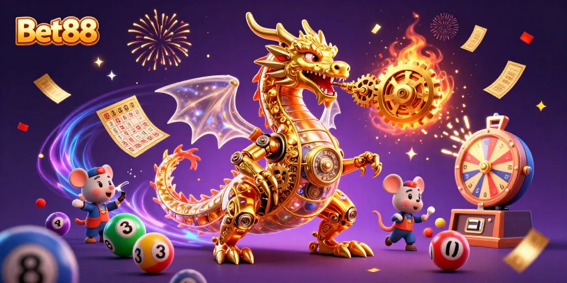 Experience Bet88 with a dynamic scene featuring a golden dragon, colorful lottery balls, and exciting gaming elements.