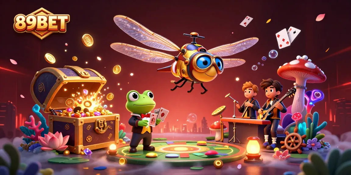 Engaging 3D illustration of a vibrant casino scene featuring 89BET elements with unique characters and dynamic gaming action.
