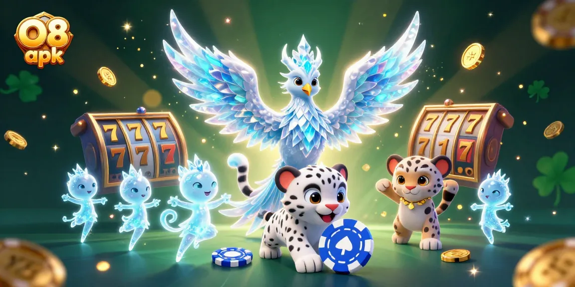 Experience the thrill of winning with O8 apk and its vibrant casino elements, including an ice phoenix and golden chips.