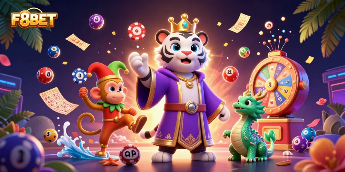 F8BET brings excitement to online gaming with a vibrant scene featuring a white tiger, monkey, and dynamic lottery elements.
