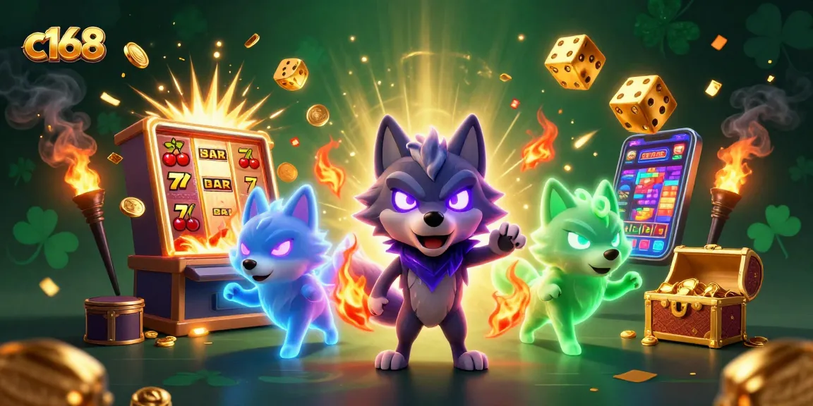 Experience thrilling gameplay at c168, featuring a dynamic casino scene with a glowing wolf pack and vibrant jackpot elements.