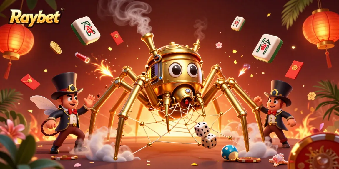 Raybet platform illustrated with a steampunk spider and poker elements in vibrant casino scenes.