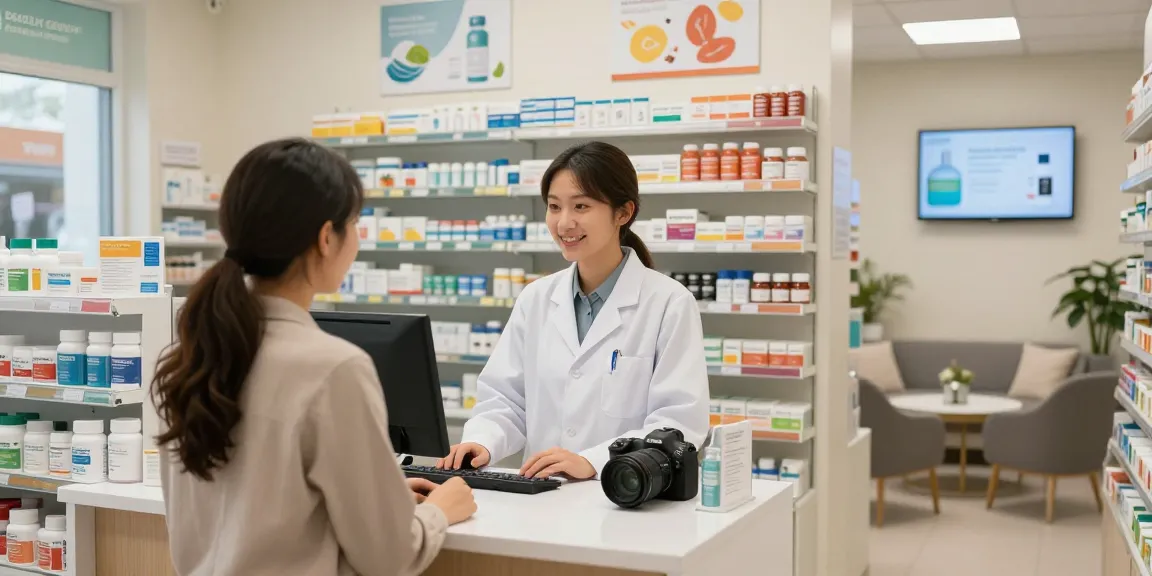 Medewerker helpt klant in Unique Pharma Shop met gezondheidsproducten en medicijnen.