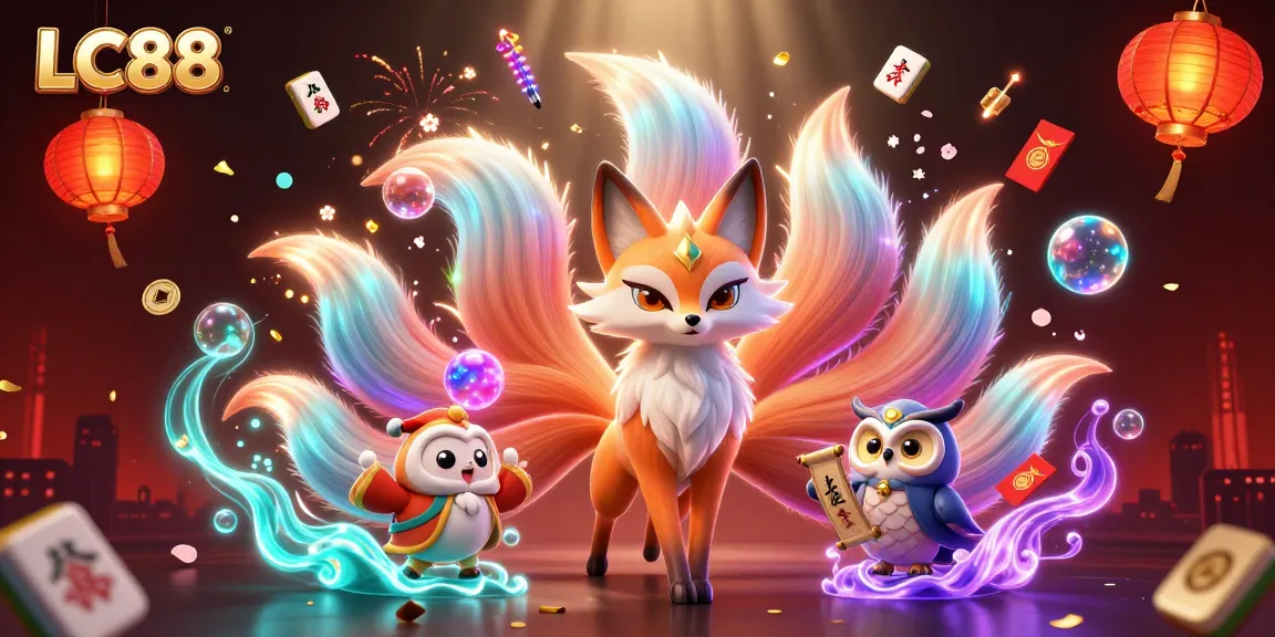Engage with LC88 through a vibrant casino scene featuring a nine-tailed fox spirit and a wise owl sage.
