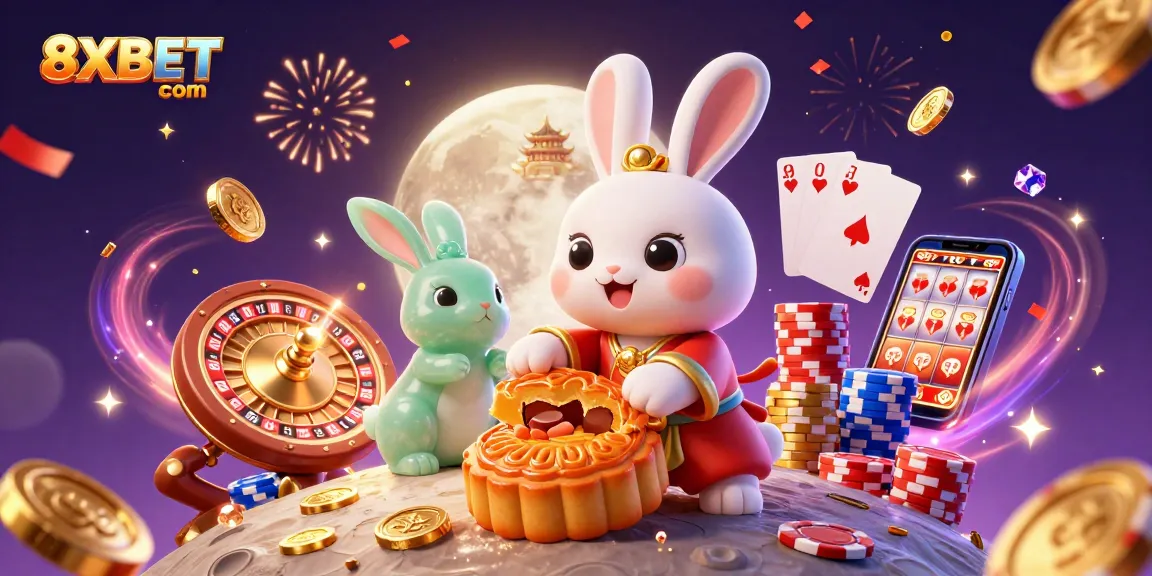 Engage with exciting casino games at 8XBET com, featuring a lively illustration of a moon rabbit and festive casino elements.