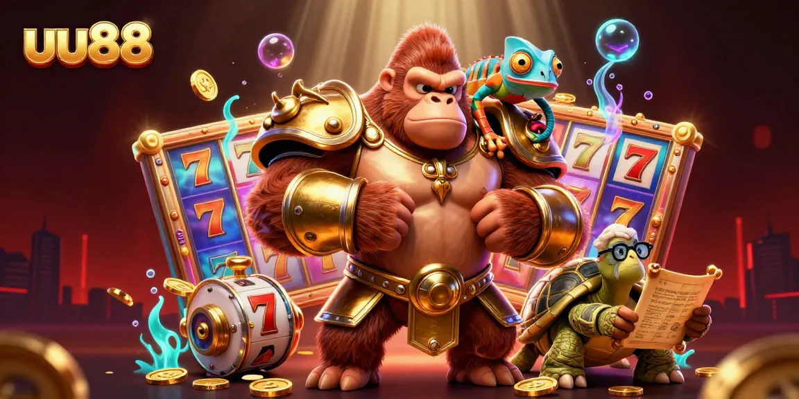 Spin slots at uu88 with a vibrant view of a gorilla king and friends in a dynamic casino scene.