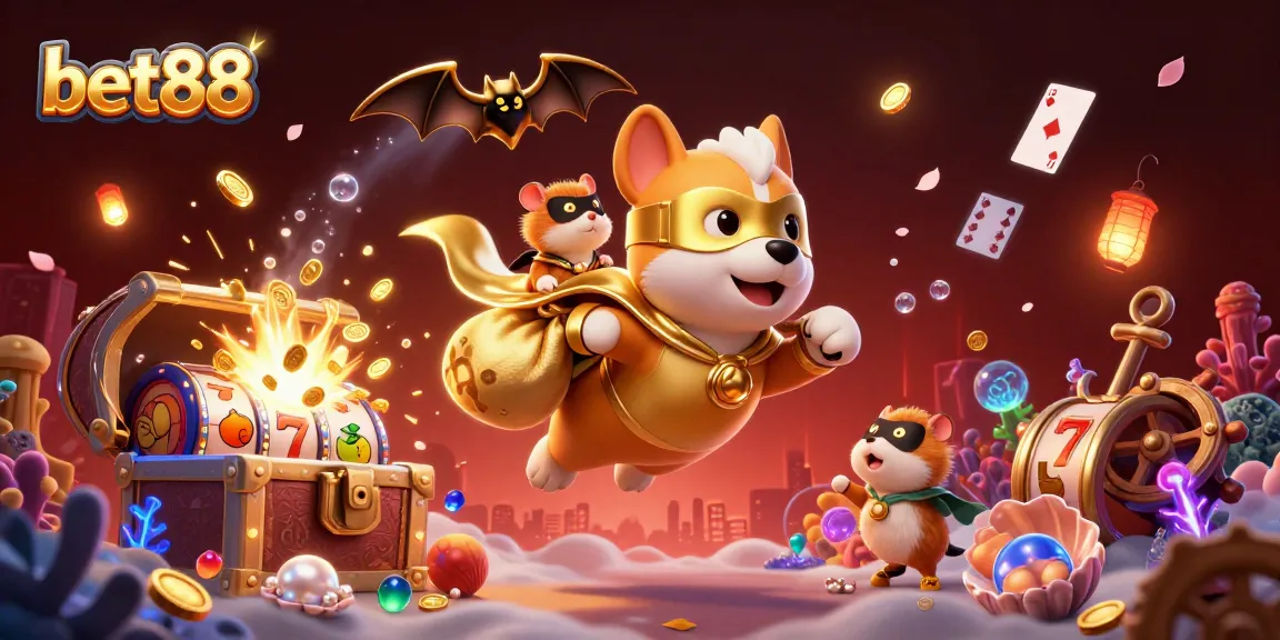 bet88 captures the thrill of winning in a vibrant casino setting with animated characters and dynamic gaming elements.