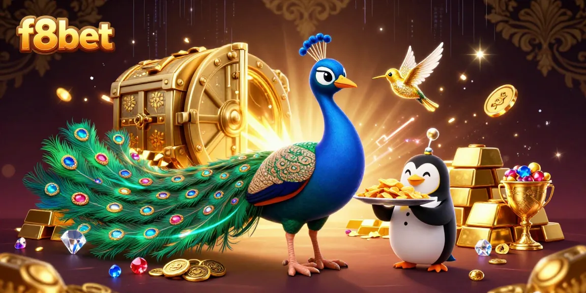 Experience thrilling wins at f8bet with a luxurious casino scene featuring peacocks, gems, and gold.