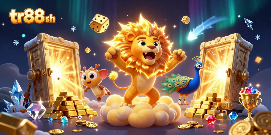 Spin the reels at tr88 sh under a vibrant casino atmosphere with golden treasures and dynamic characters.