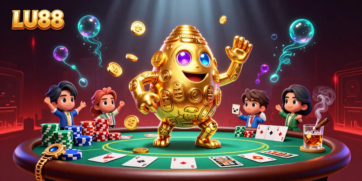 Experience thrilling gameplay at LU88 with a dynamic scene featuring poker elements and a golden golem.