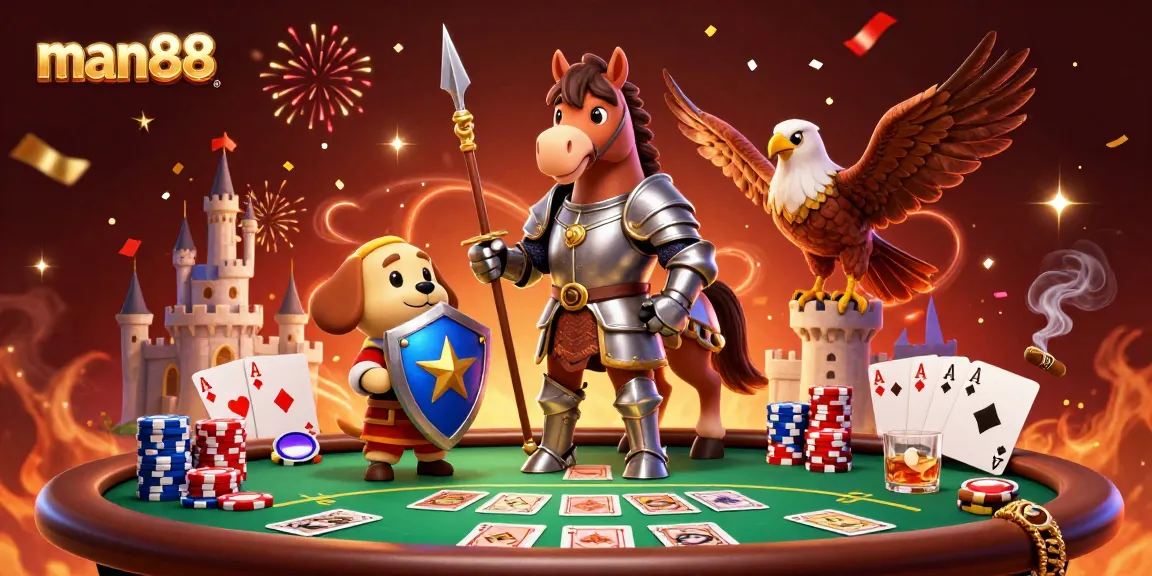 Engage with man88's thrilling casino experience featuring a knight, squire, and falcon.