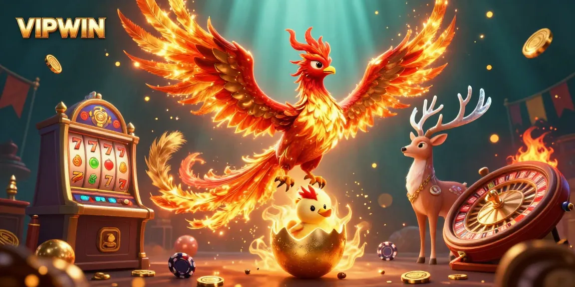 Experience VIPWIN's thrilling gaming adventure with a phoenix and slot machine in a vibrant scene.