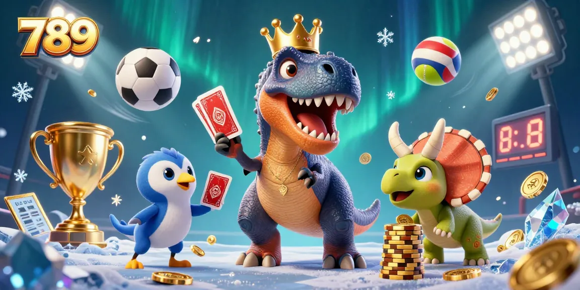 Engage with 789's thrilling casino action featuring a T-Rex shuffling cards and a pterodactyl!
