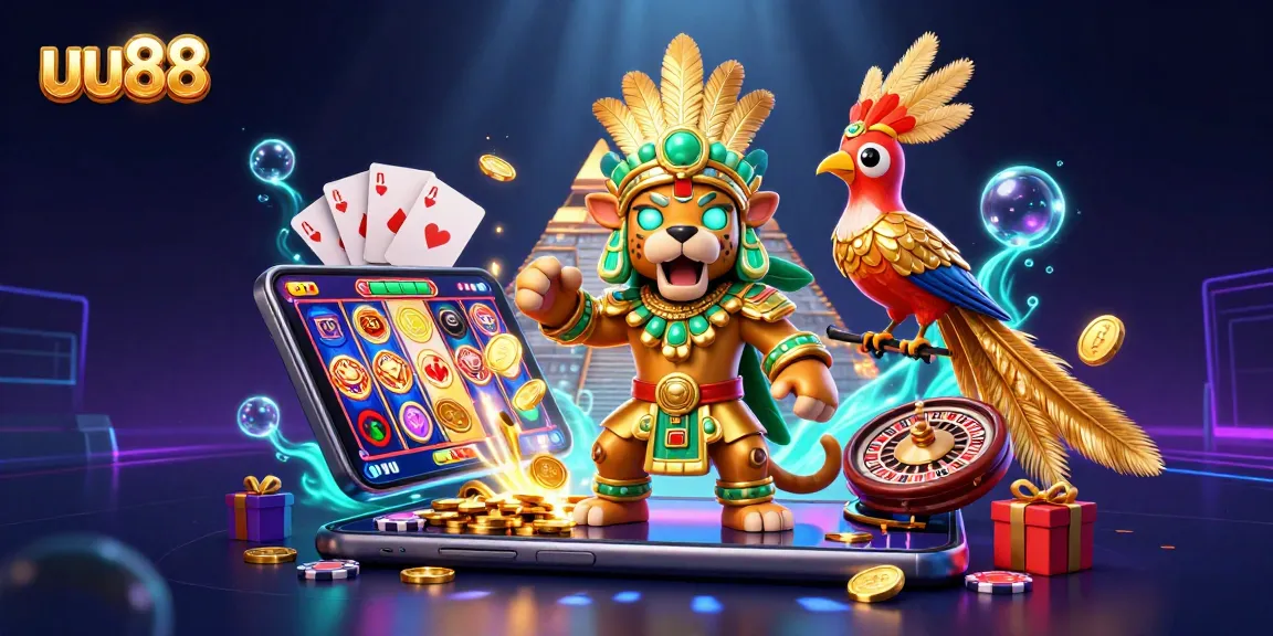 Experience the thrill of uu88 with a lively scene of Mayan priest and casino elements