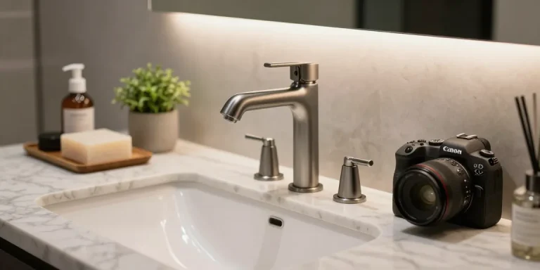 Exclusieve gunmetal wastafelkraan in een stijlvolle badkamer met marmeren aanrecht.