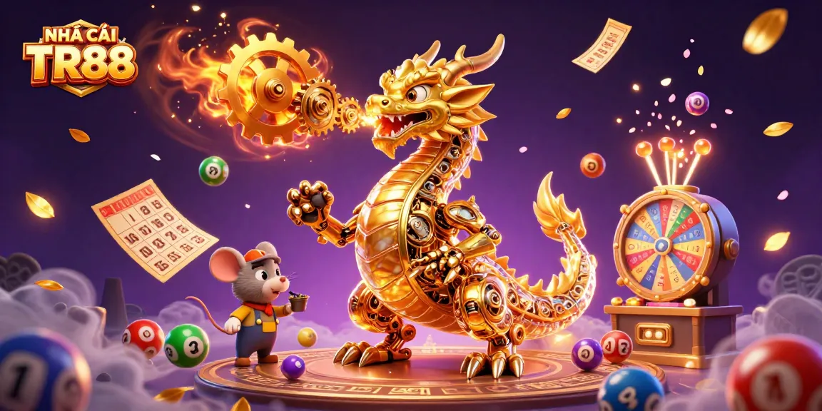 Engage with exciting games at NHÀ CÁI TR88, featuring a golden dragon, lottery elements, and a vibrant casino atmosphere.