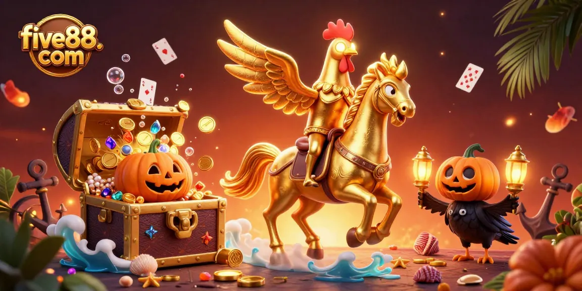Experience thrilling gaming action with five88. com, featuring a golden rooster hero in a dynamic casino scene.