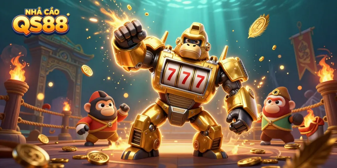 Experience exciting moments at NHÀ CÁI QS88 with dynamic scenes featuring a golden gorilla mech, coins, and colorful gaming elements.