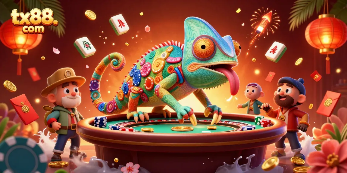 Experience the vibrant energy of tx88. com with animated casino elements and characters in this colorful illustration.