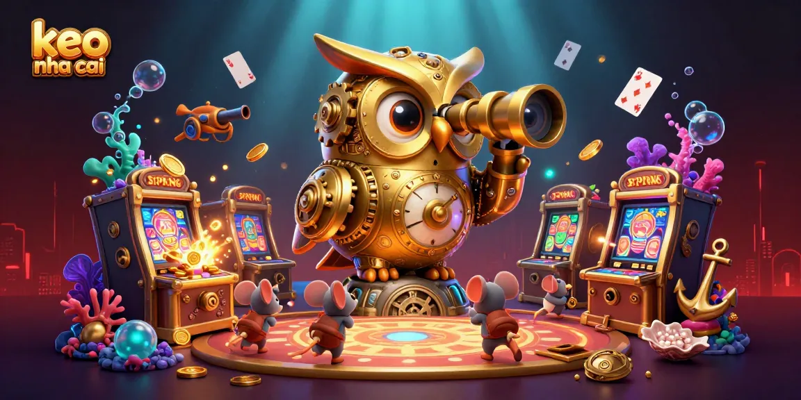 Bet on keo nha cai in an animated casino scene featuring a golden owl and vibrant game elements.