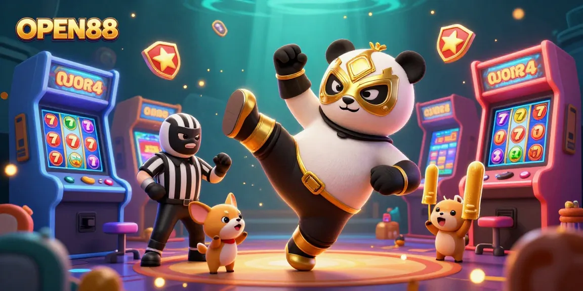 Experience the excitement of OPEN88 as the wrestler panda kicks through a vibrant casino scene filled with elements of chance and fun.