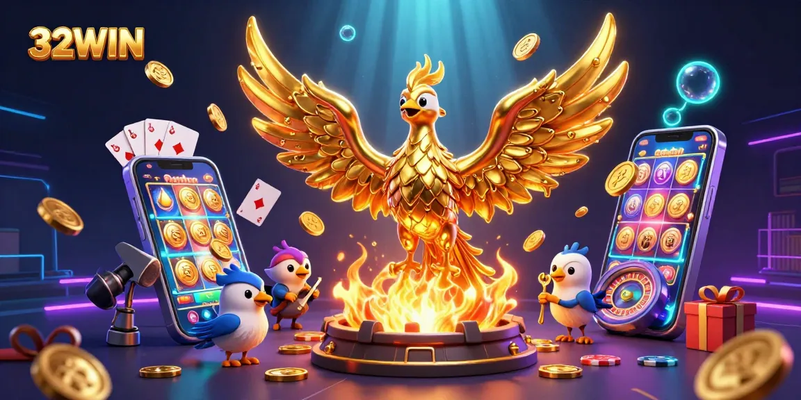 Experience thrilling gameplay with 32WIN as golden phoenix brings fortune amidst vibrant casino elements.