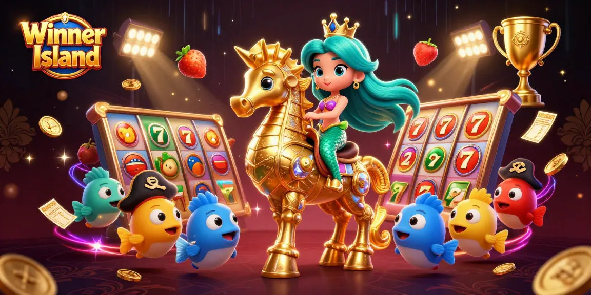 Experience the thrill of Winner Island with vibrant casino elements and a joyful mermaid scene.