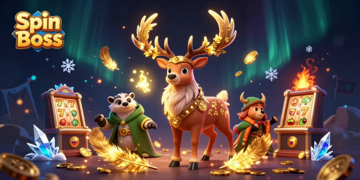 Spin Boss casino illustration featuring a druid stag, badger, and slot machines, surrounded by gold coins and vibrant colors.