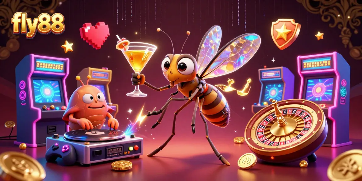 Experience thrilling gaming at fly88 with a lively casino mascot and vibrant arcade elements.