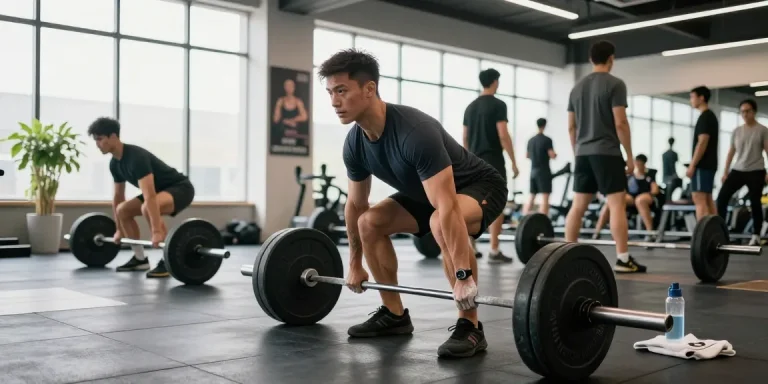 Actieve man die deadlift uitvoert in de Prime Pharma Steroïden Winkel, met gefocuste blik en gewichthefgerei in de gym.