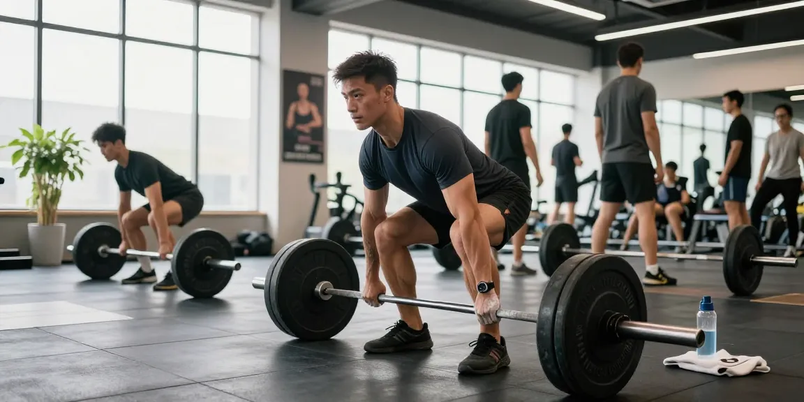 Actieve man die deadlift uitvoert in de Prime Pharma Steroïden Winkel, met gefocuste blik en gewichthefgerei in de gym.