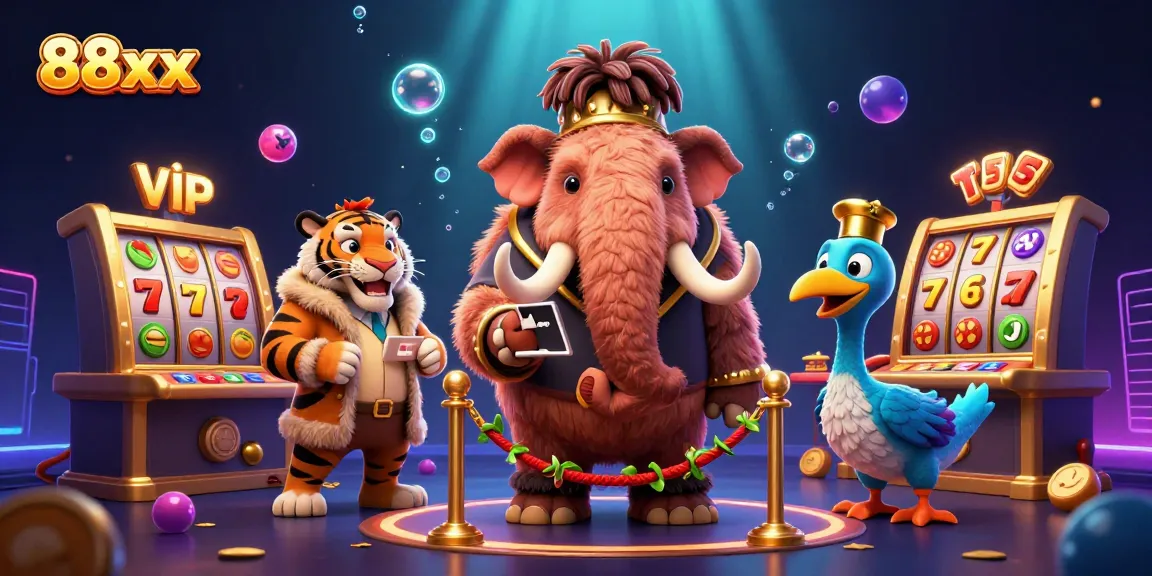 Experience thrilling wins at 88xx casino with a vibrant scene featuring a woolly mammoth bouncer and slot reels.