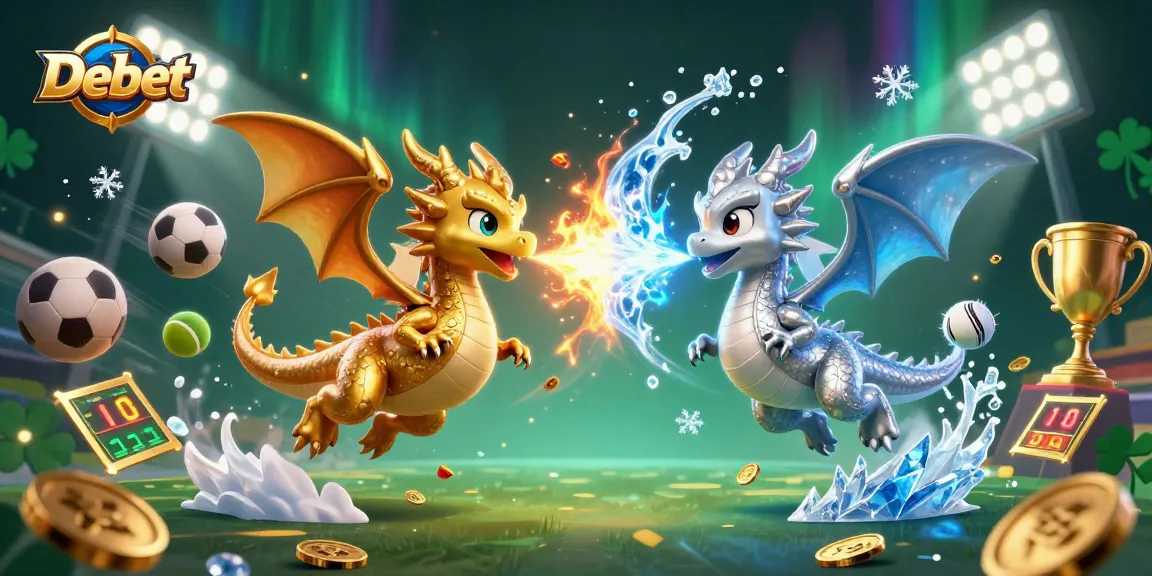 Experience gaming excitement with Debet as dragons battle fire and ice in a dynamic scene.