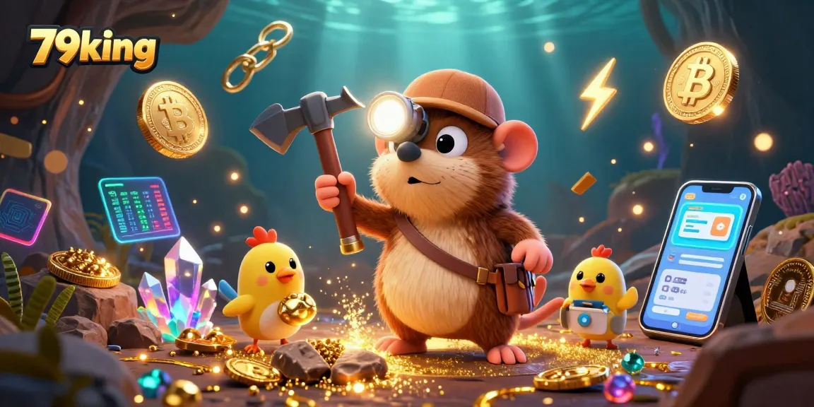 Spin to win with 79king's treasure hunter mole amidst Bitcoin and Ethereum coins and glowing gems.