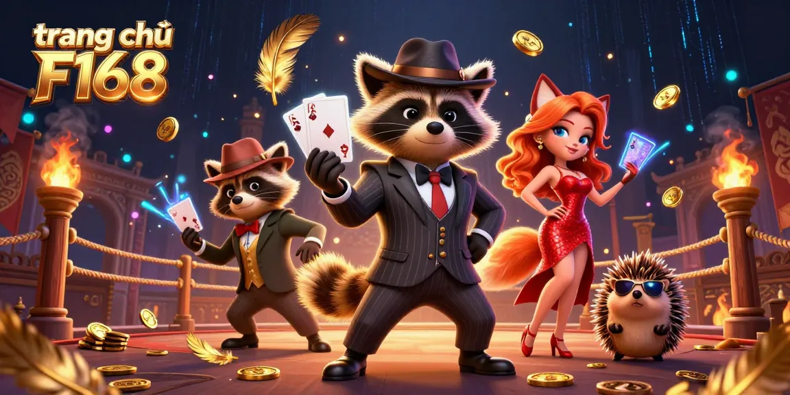 Experience the thrilling ambiance of trang chủ F168 with a dynamic casino scene featuring a stylish raccoon, elegant fox, and vigilant hedgehog.