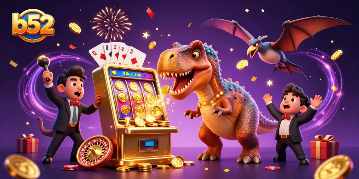 B52 jackpot explosion with a pachycephalosaurus winning coins from a slot machine amidst a dynamic casino scene.