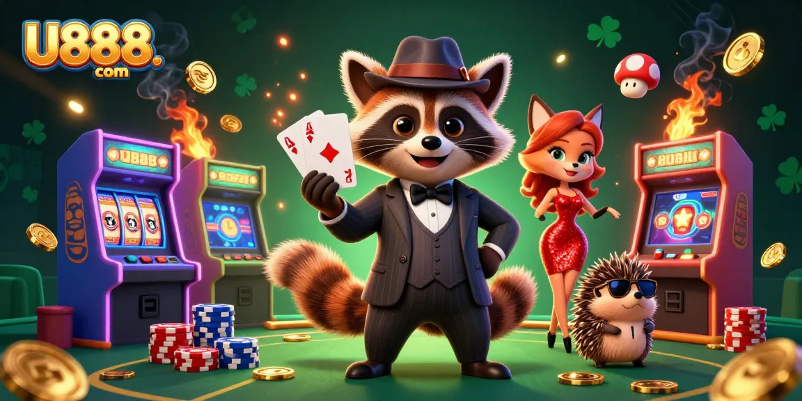 Experience lively action at U888. com with a raccoon, fox, and hedgehog enjoying casino gaming fun.