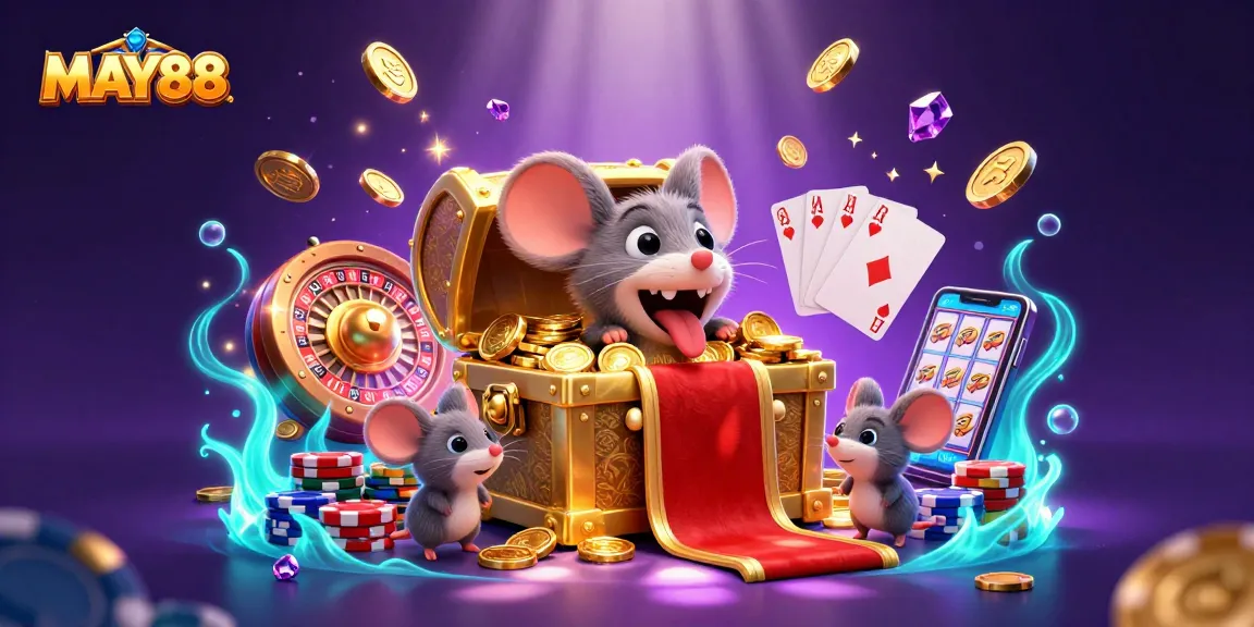 MAY88 captivates with a vibrant 3D illustration featuring a golden treasure chest and swirling casino elements like coins and cards.