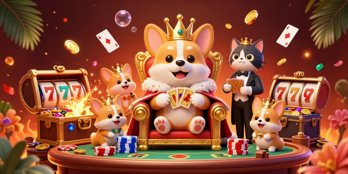 Hit the jackpot with the royal corgi in a vibrant casino scene full of treasures and games.
